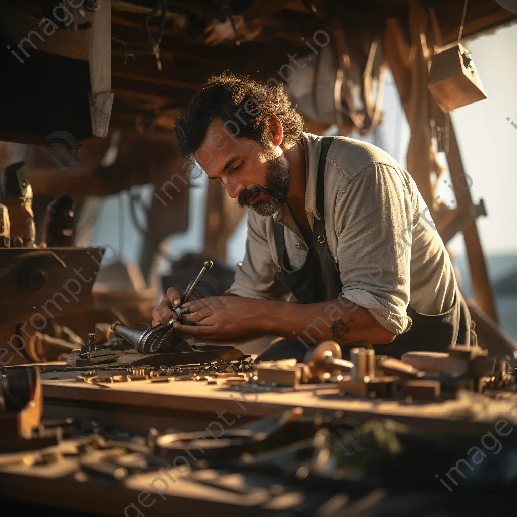 Close-up of artisan assembling traditional boat parts with tools - Image 4