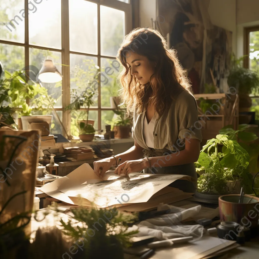 Artisan crafting paper with natural fibers in a sunny studio. - Image 1