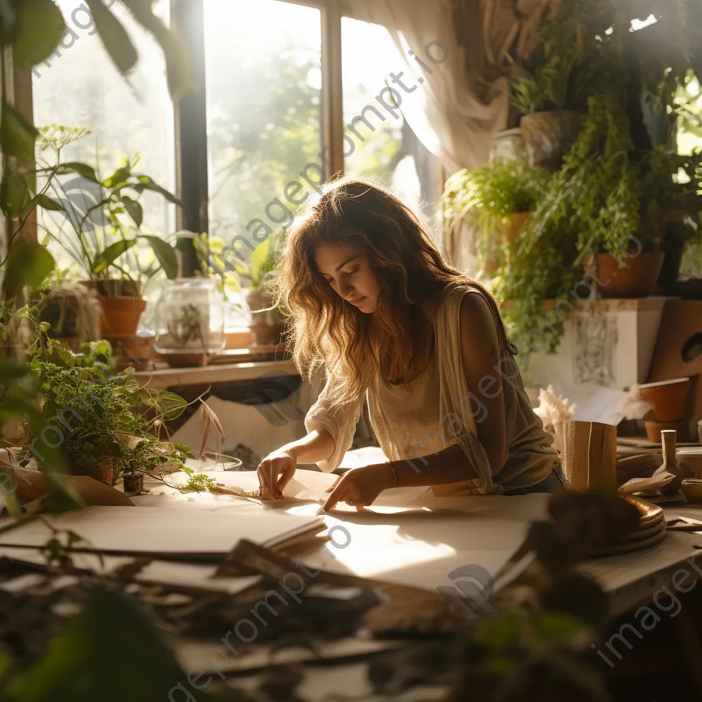 Artisan crafting paper with natural fibers in a sunny studio. - Image 3