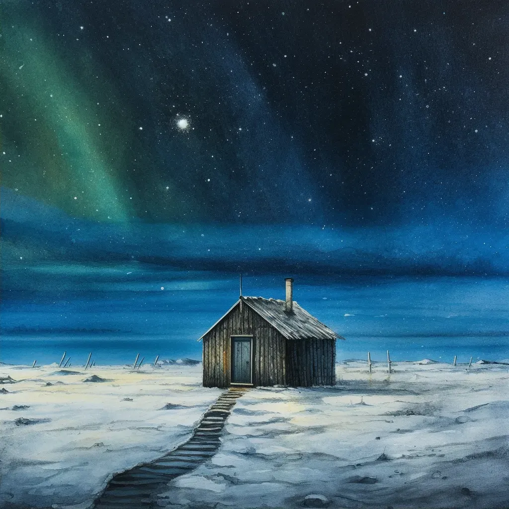 Single wooden cabin surrounded by a vast snowfield under the northern lights - Image 2