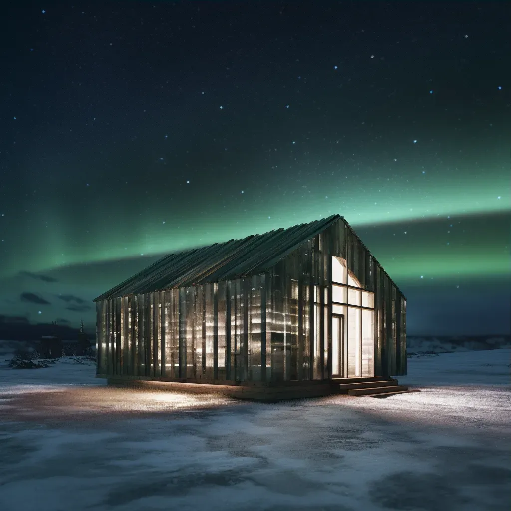 Single wooden cabin surrounded by a vast snowfield under the northern lights - Image 3