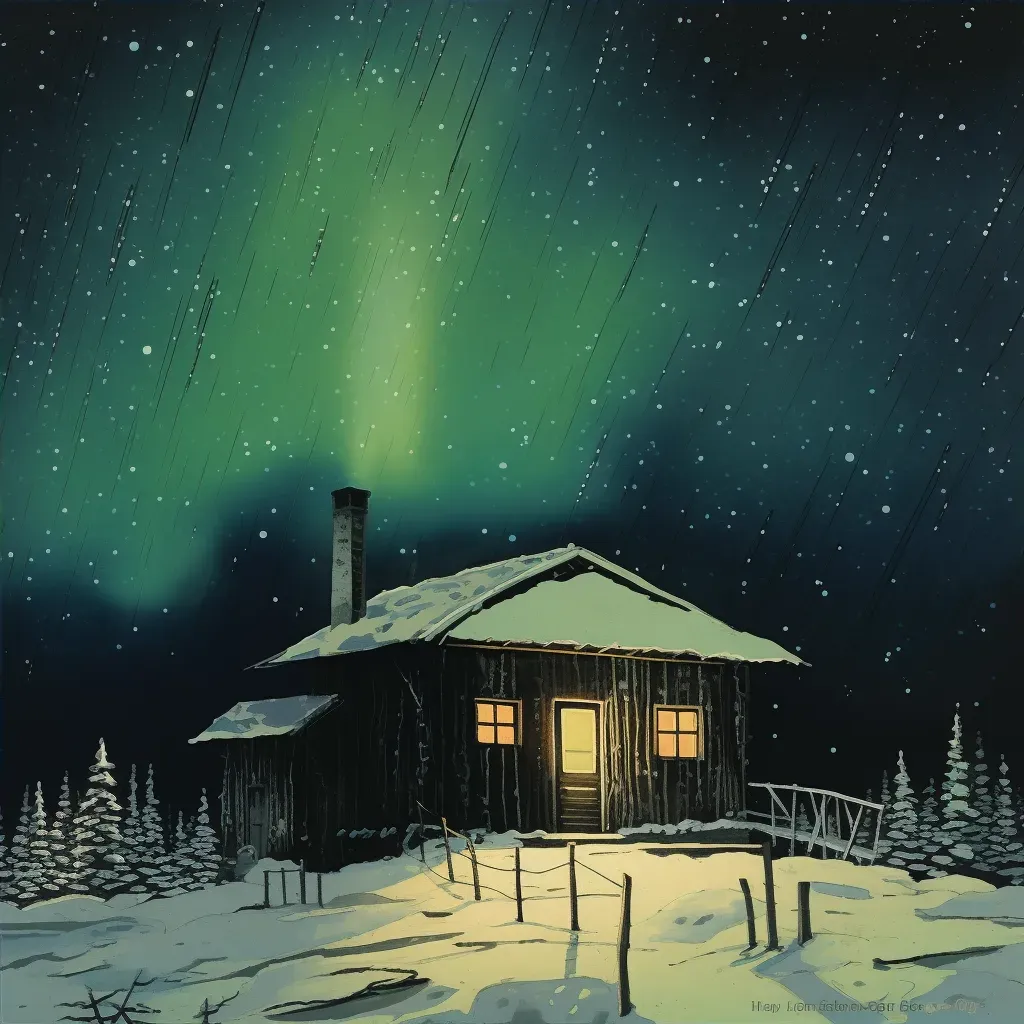 Single wooden cabin surrounded by a vast snowfield under the northern lights - Image 4