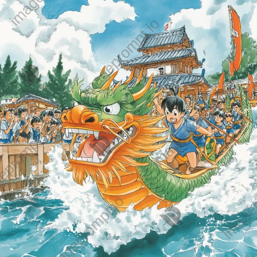 Comic-style illustration of community in an annual dragon boat race - Image 1