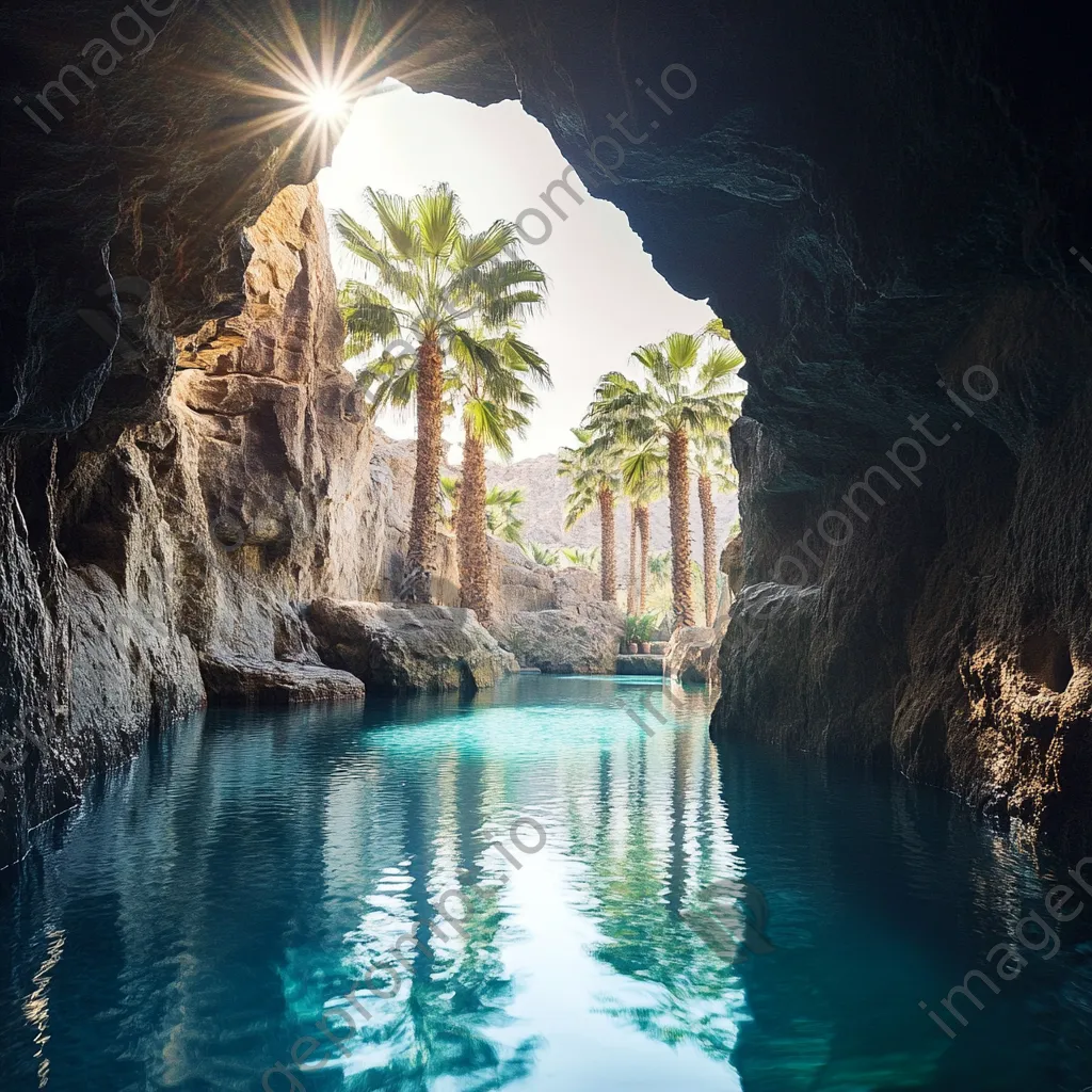 Oasis surrounded by rock formations and palm trees - Image 1