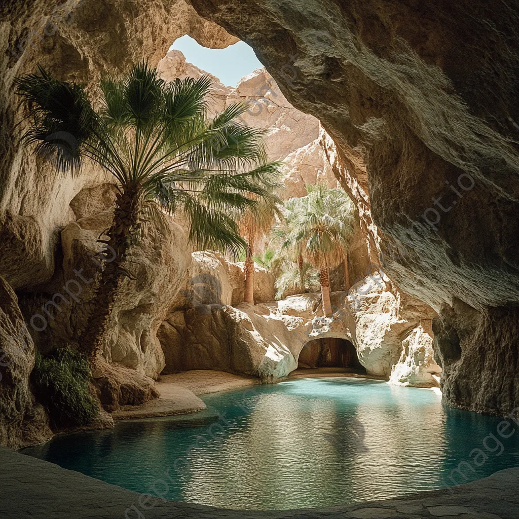 Oasis surrounded by rock formations and palm trees - Image 2