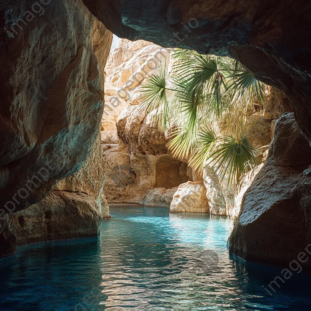 Oasis surrounded by rock formations and palm trees - Image 3