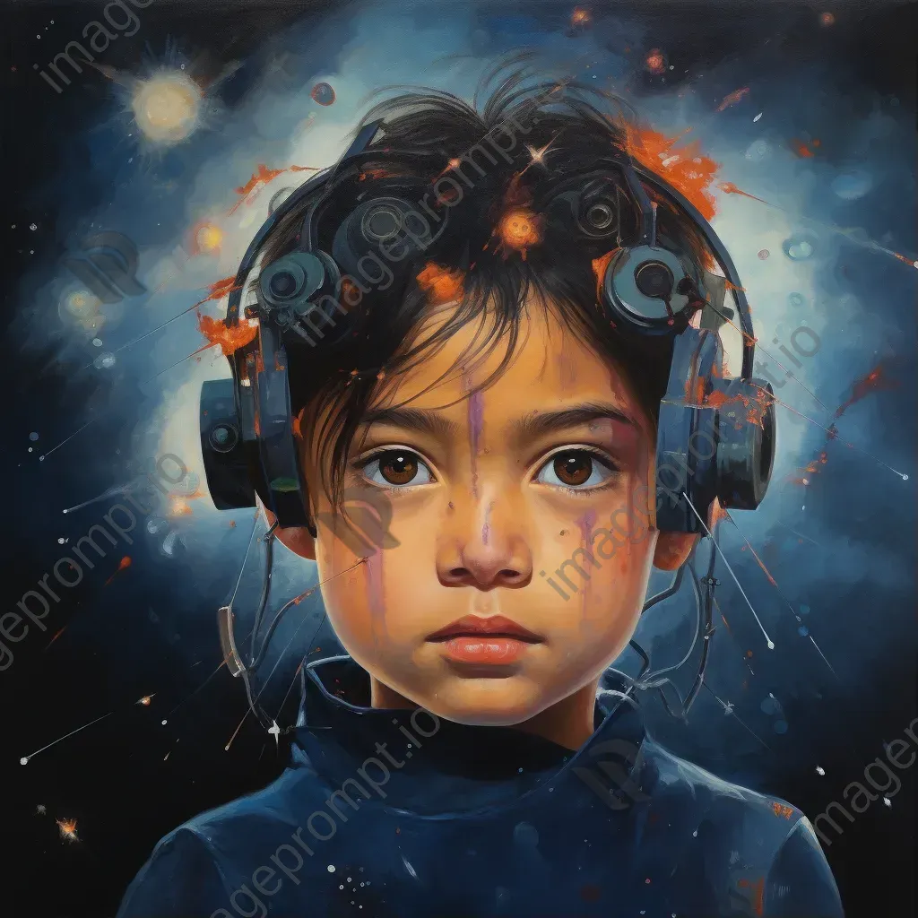 Surreal oil painting of war-survivor child with galaxies in their eyes - Image 1