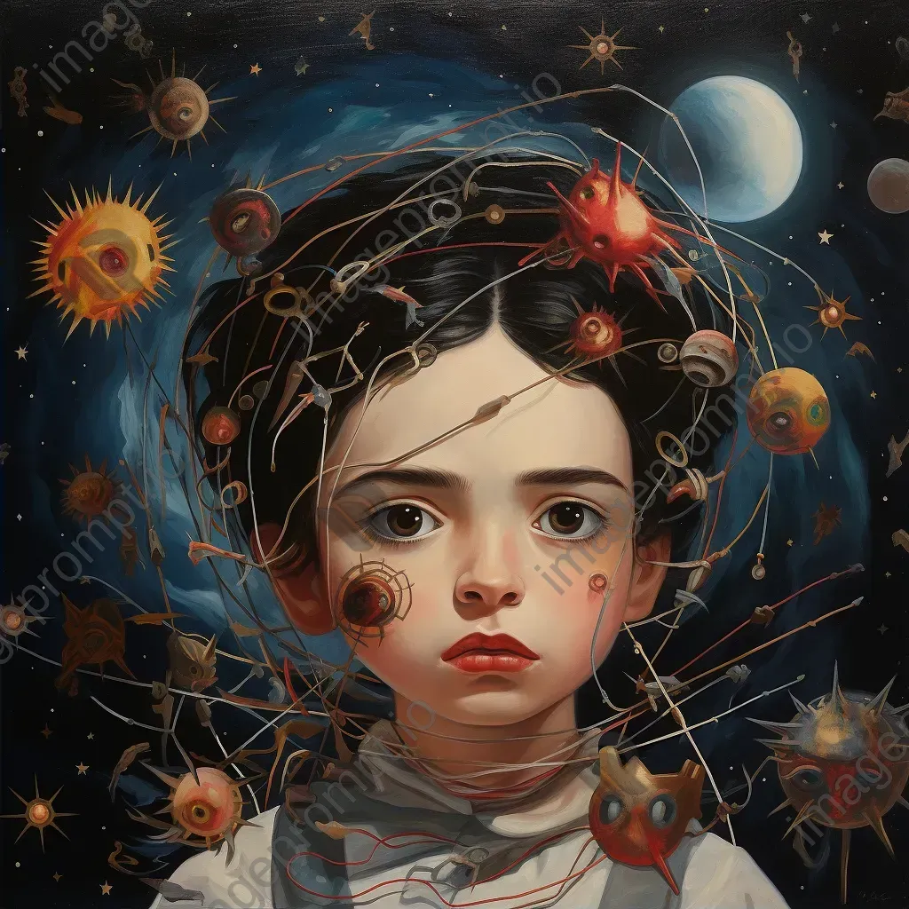 Surreal oil painting of war-survivor child with galaxies in their eyes - Image 2