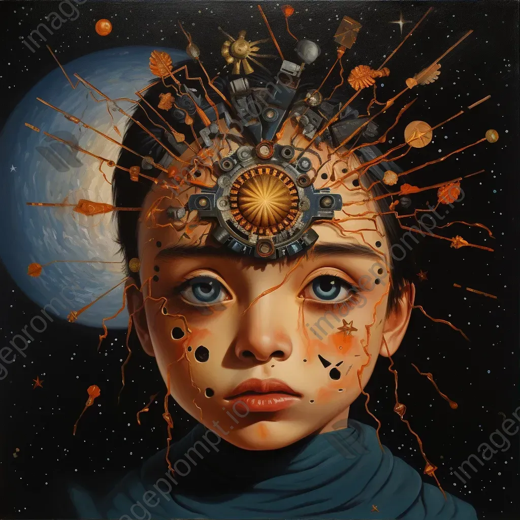 Surreal oil painting of war-survivor child with galaxies in their eyes - Image 3