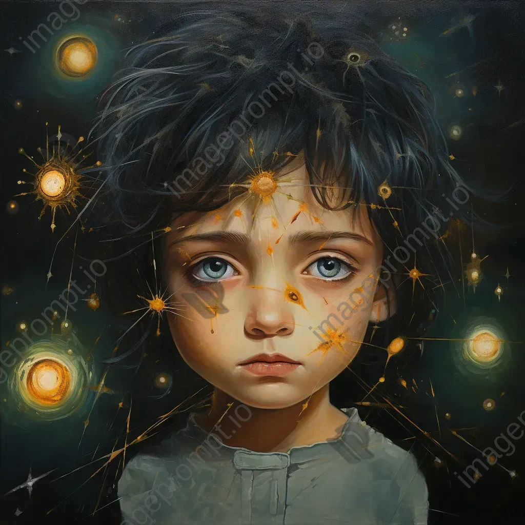 Surreal oil painting of war-survivor child with galaxies in their eyes - Image 4