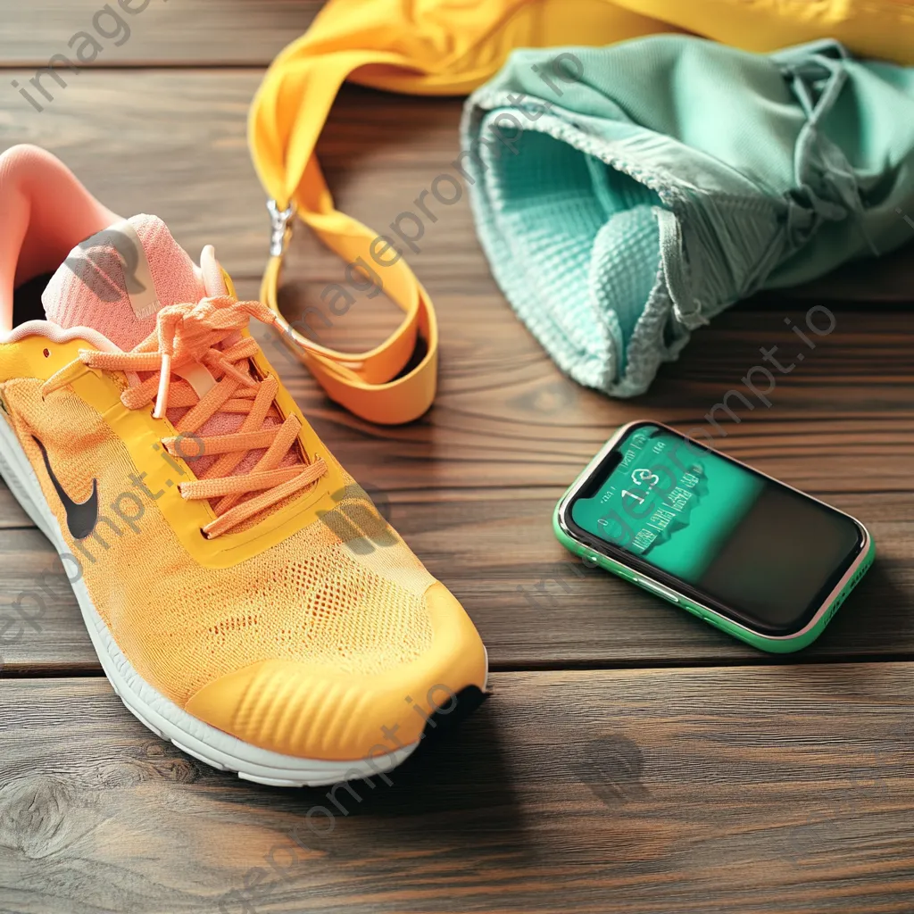 Flat lay of activewear, sneakers, and fitness tracker on a wooden table with bright light. - Image 1