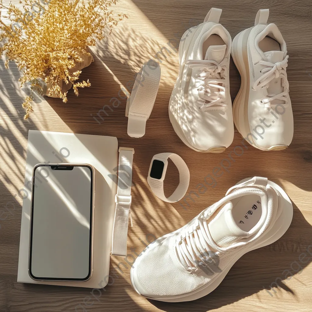 Flat lay of activewear, sneakers, and fitness tracker on a wooden table with bright light. - Image 2