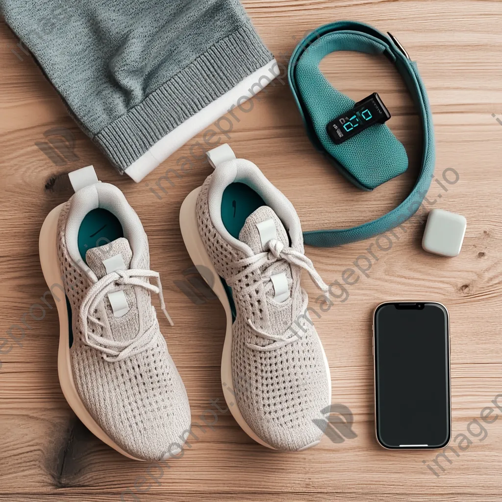 Flat lay of activewear, sneakers, and fitness tracker on a wooden table with bright light. - Image 4