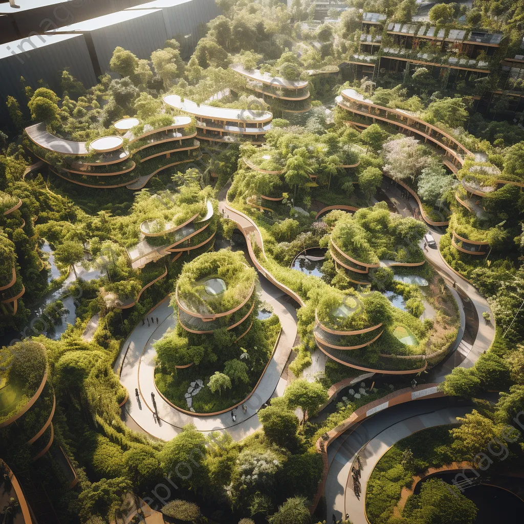 Aerial view of urban rooftops with greenery - Image 3