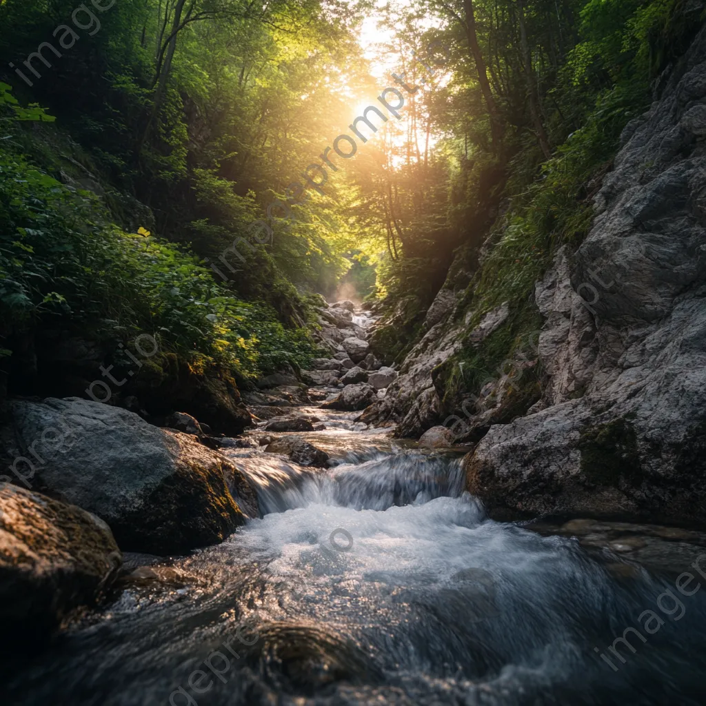 Secluded mountain stream flowing through rocky canyon with dappled sunlight. - Image 1