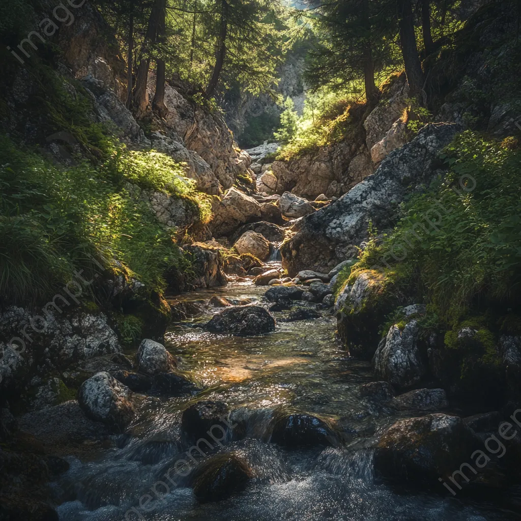 Secluded mountain stream flowing through rocky canyon with dappled sunlight. - Image 2