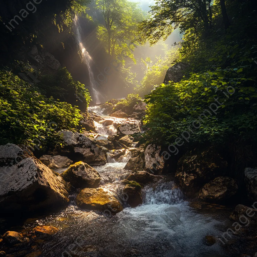 Secluded mountain stream flowing through rocky canyon with dappled sunlight. - Image 3