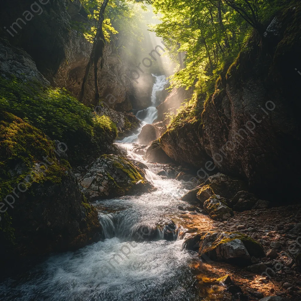 Secluded mountain stream flowing through rocky canyon with dappled sunlight. - Image 4