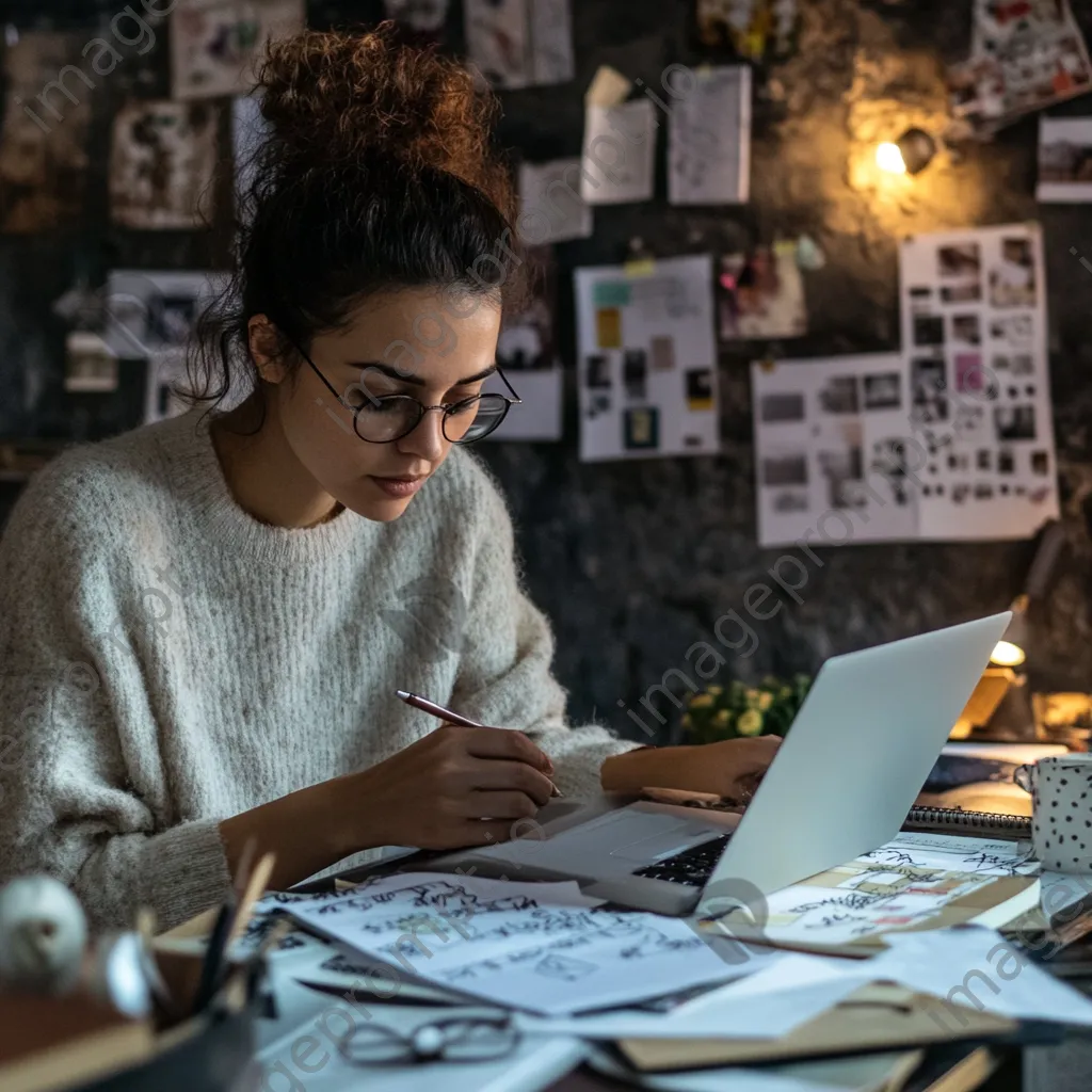 An entrepreneur working in a cozy workspace surrounded by notes and a vision board. - Image 1