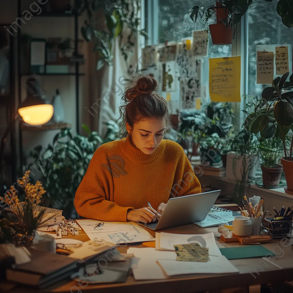 An entrepreneur working in a cozy workspace surrounded by notes and a vision board. - Image 4