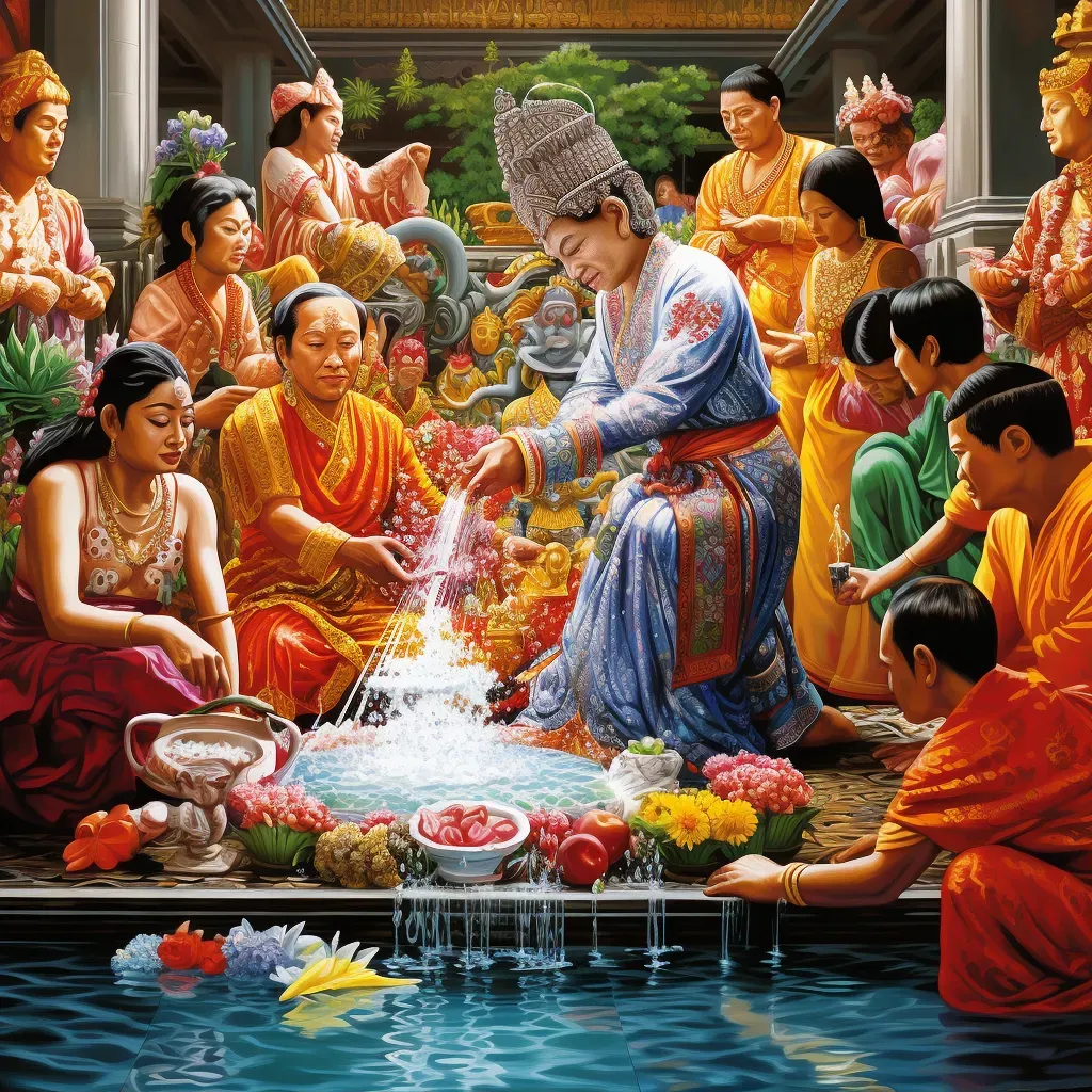 Illustration of a traditional Thai water blessing ceremony during Songkran with people pouring water over a Buddha statue - Image 1