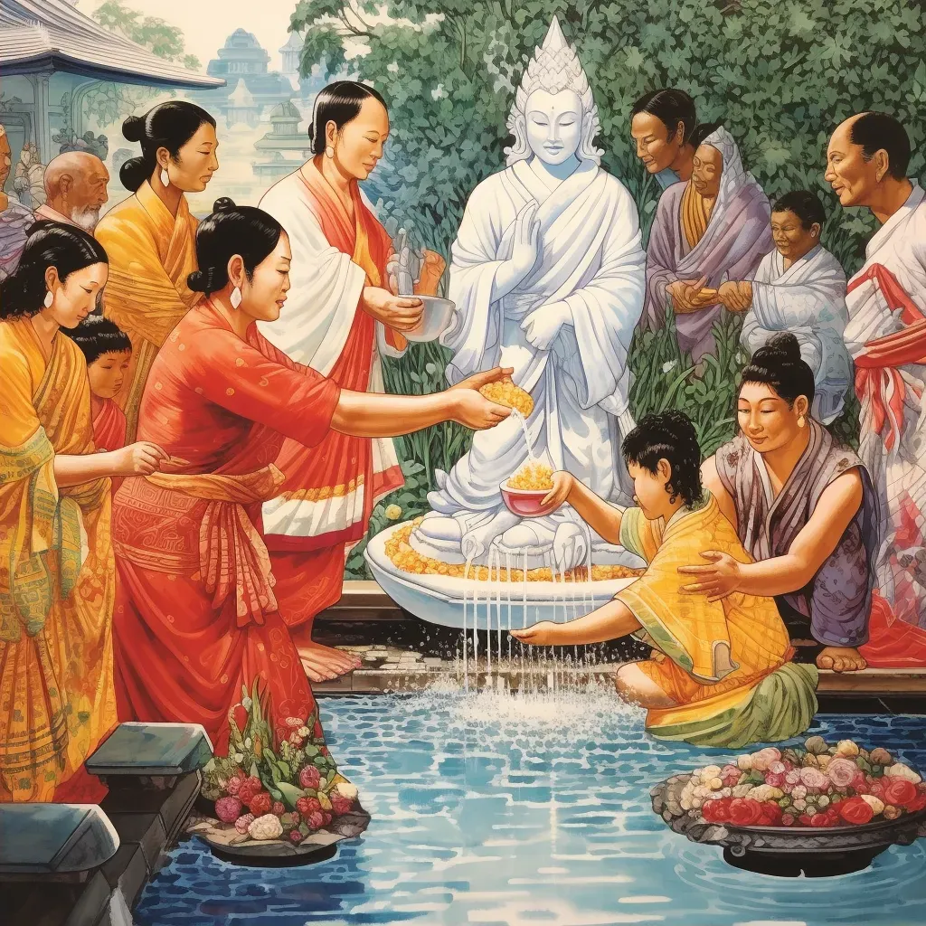 Illustration of a traditional Thai water blessing ceremony during Songkran with people pouring water over a Buddha statue - Image 2