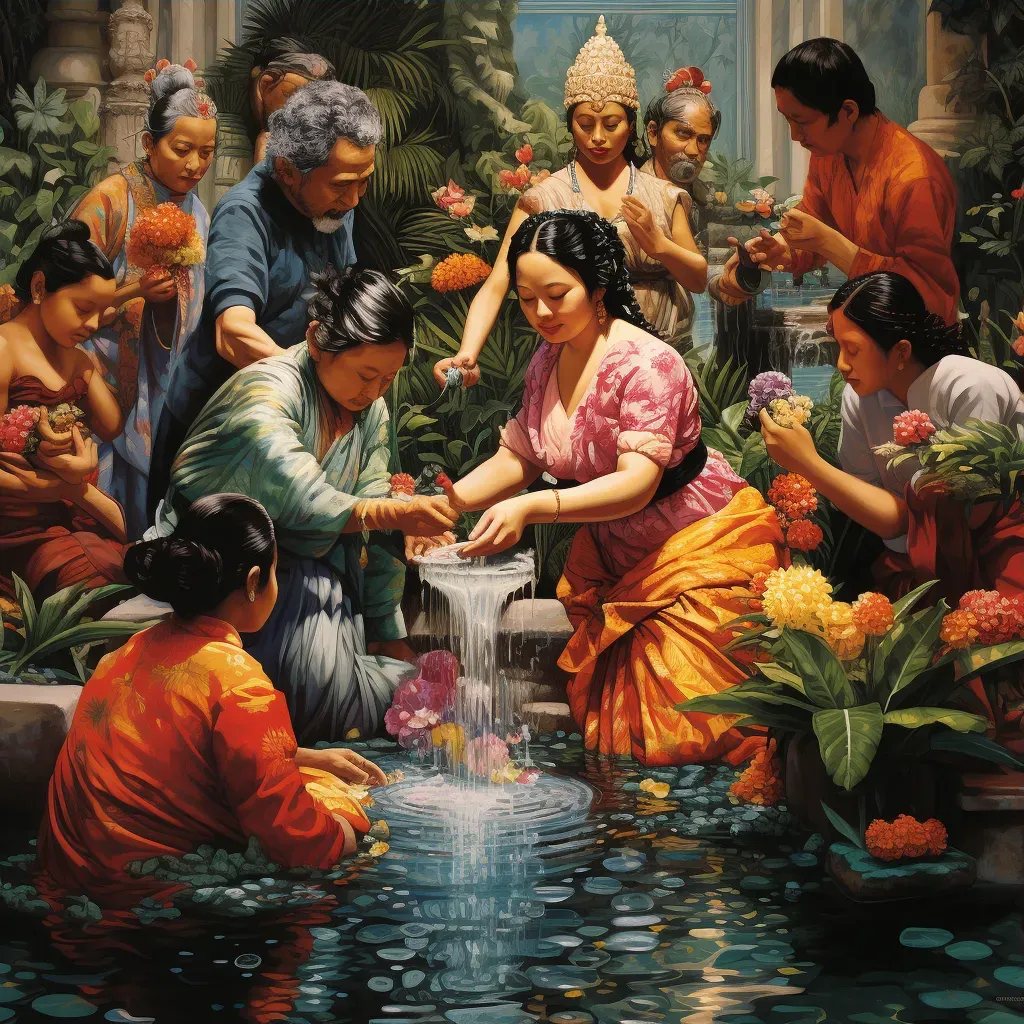 Illustration of a traditional Thai water blessing ceremony during Songkran with people pouring water over a Buddha statue - Image 3