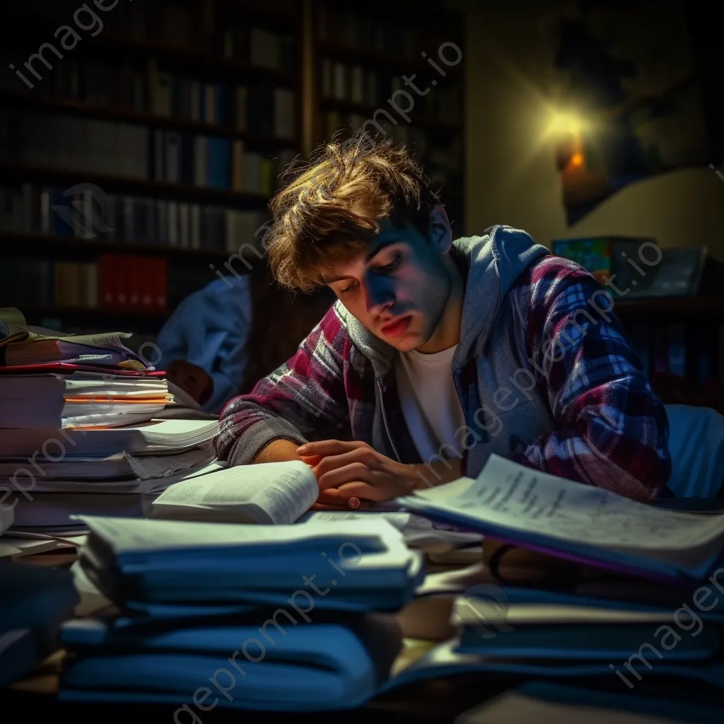 Student studying late at night with books and a desk lamp. - Image 2