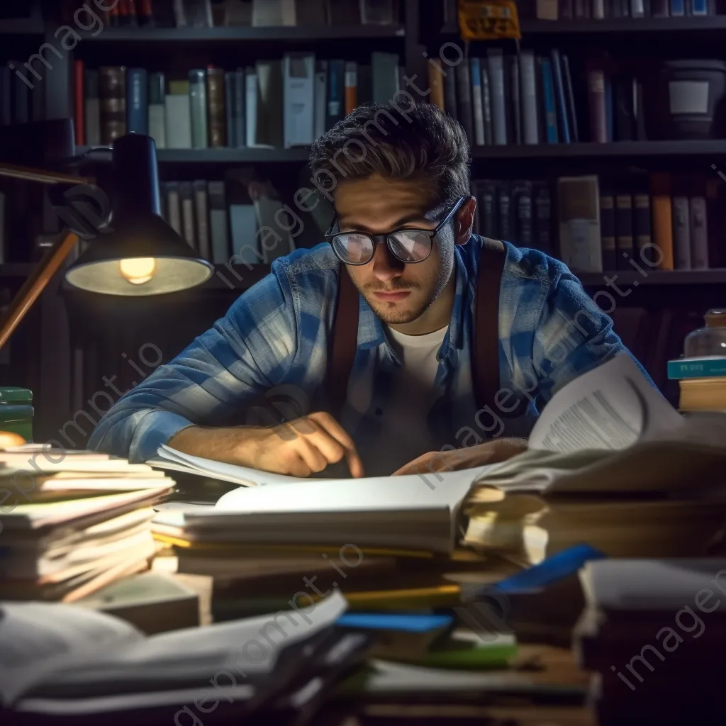 Student studying late at night with books and a desk lamp. - Image 3