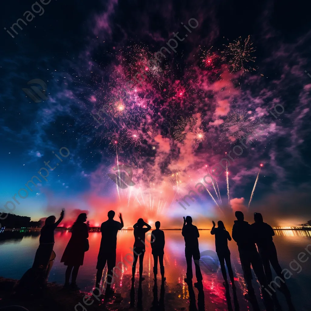 Fireworks illuminating the night sky over a lake - Image 1