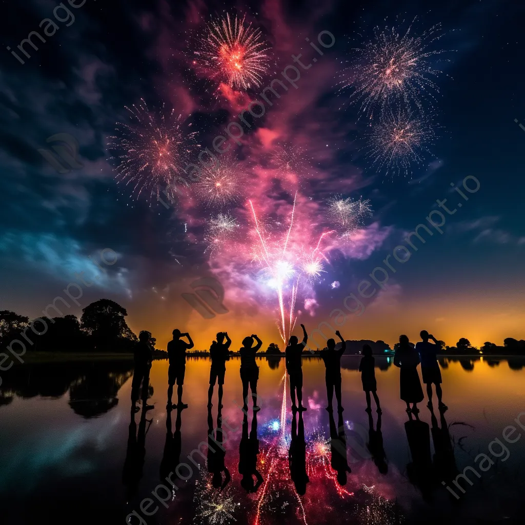 Fireworks illuminating the night sky over a lake - Image 2