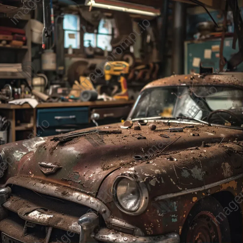 Rustic vintage car repair workshop with classic car restoration in progress - Image 1