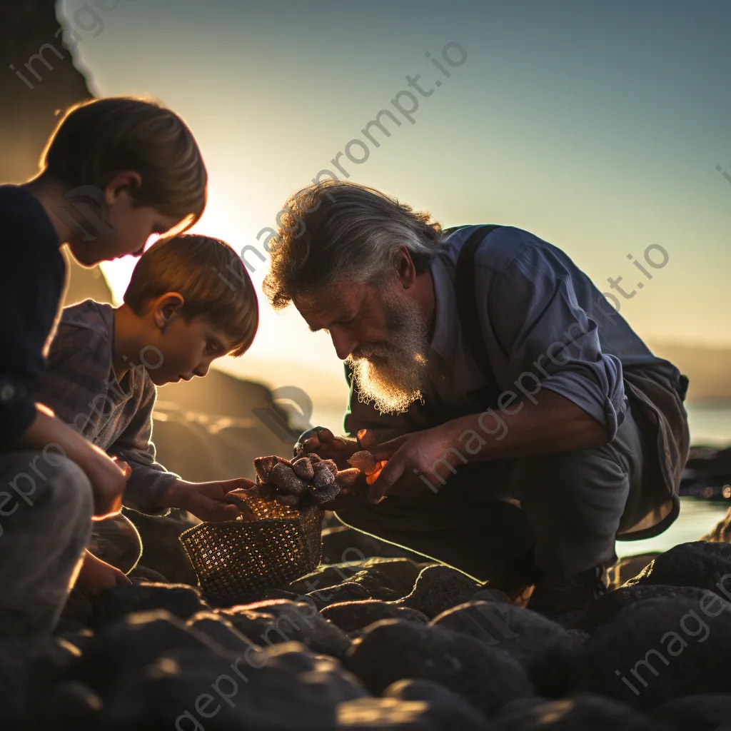 Elder pearl diver teaching young apprentices on shore - Image 1