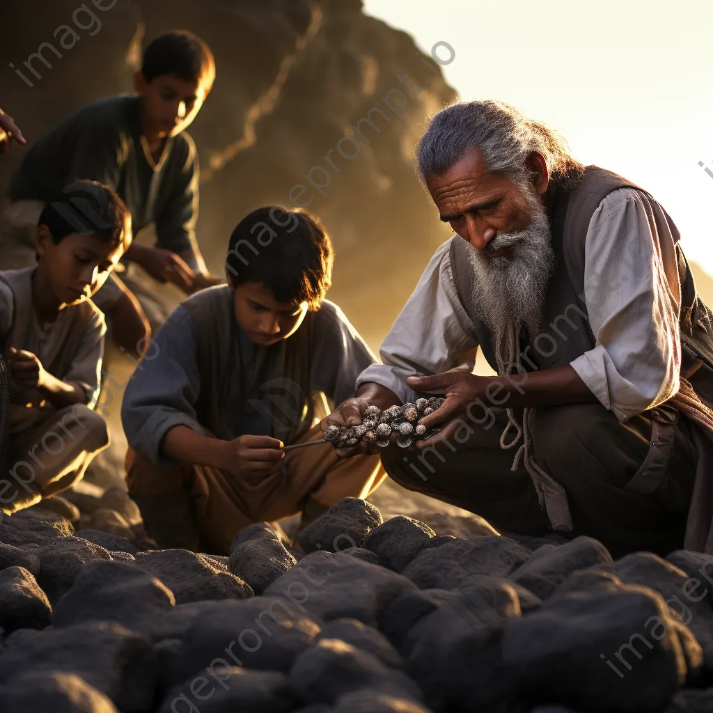 Elder pearl diver teaching young apprentices on shore - Image 4