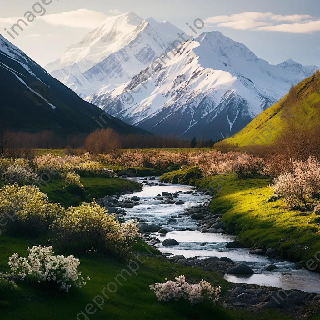 Mountain valley in early spring with snow-capped peaks and greenery - Image 1