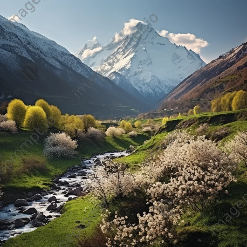 Mountain valley in early spring with snow-capped peaks and greenery - Image 2