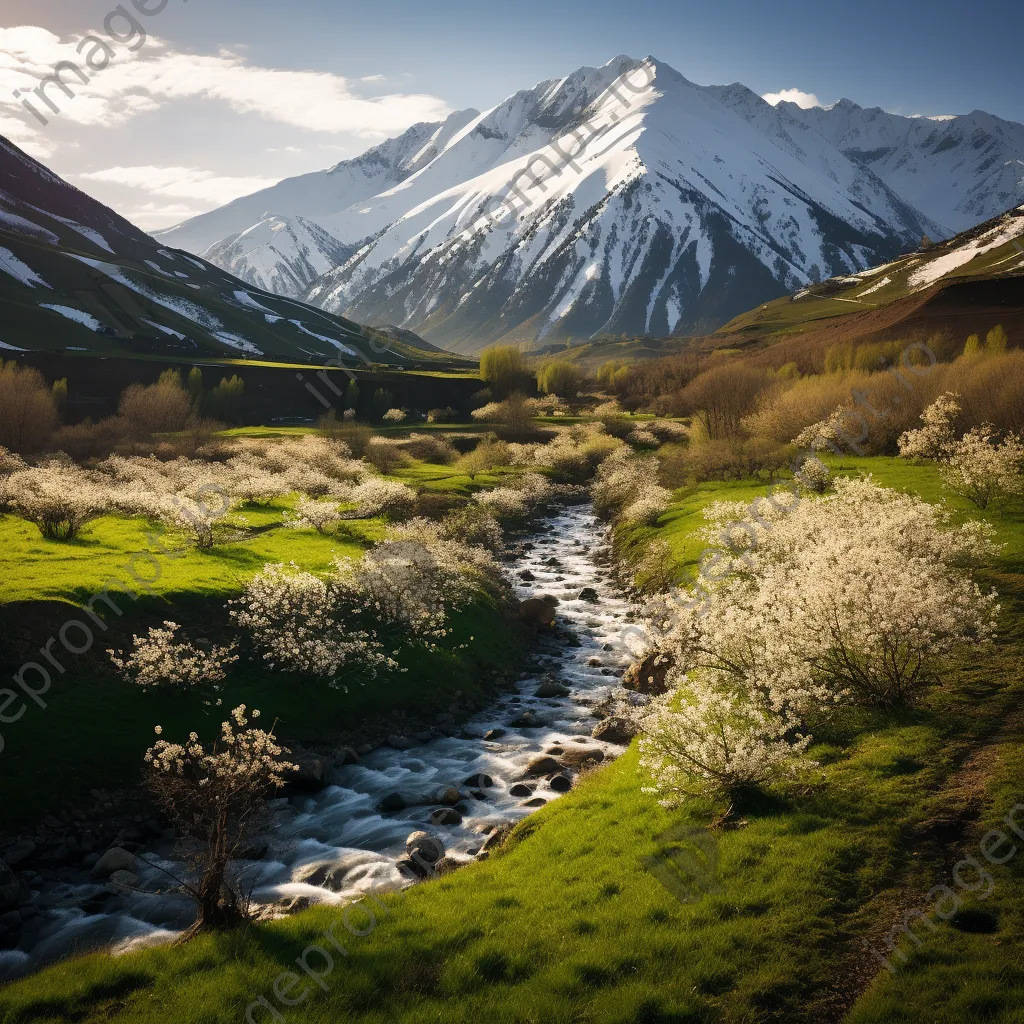 Mountain valley in early spring with snow-capped peaks and greenery - Image 3