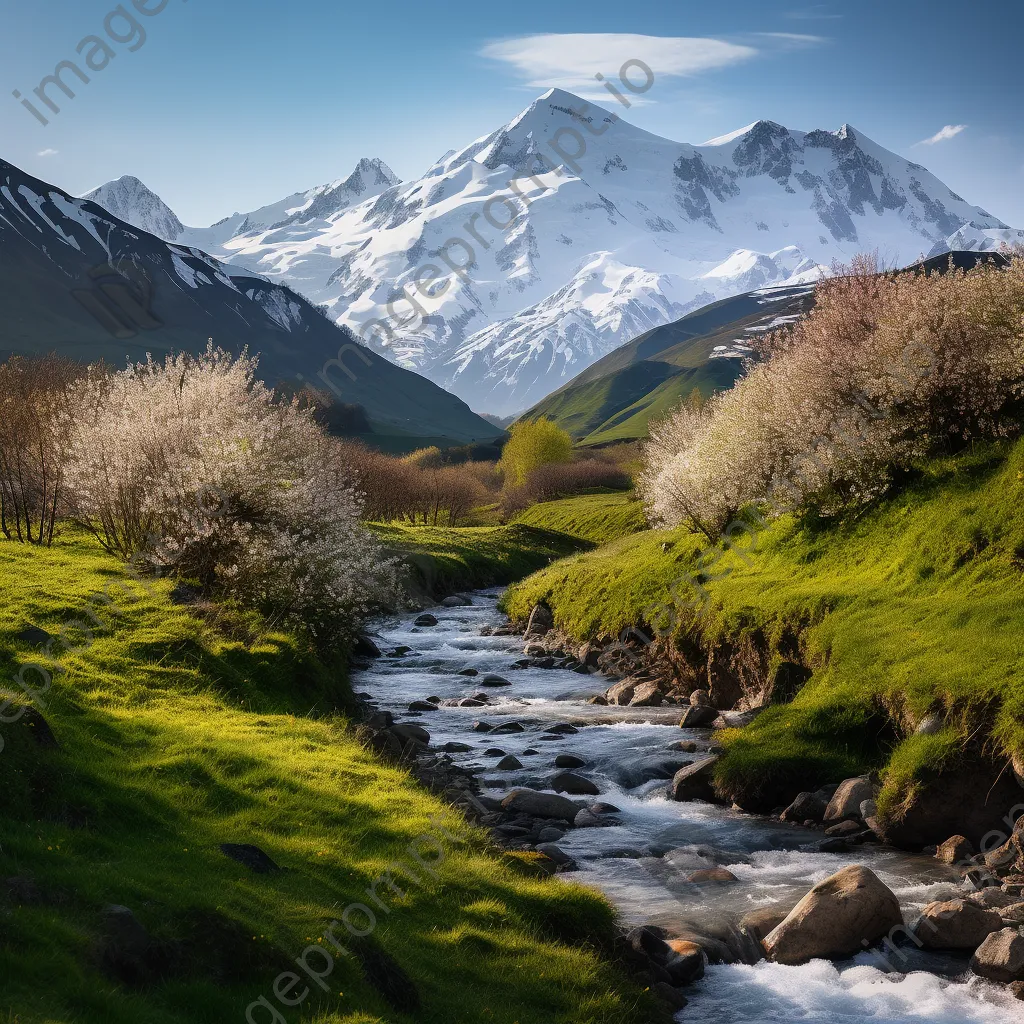 Mountain valley in early spring with snow-capped peaks and greenery - Image 4