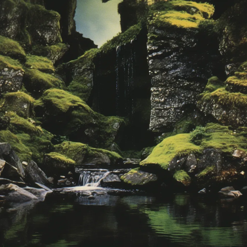 Tranquil image of a waterfall cascading into a clear pond with moss-covered rocks - Image 1