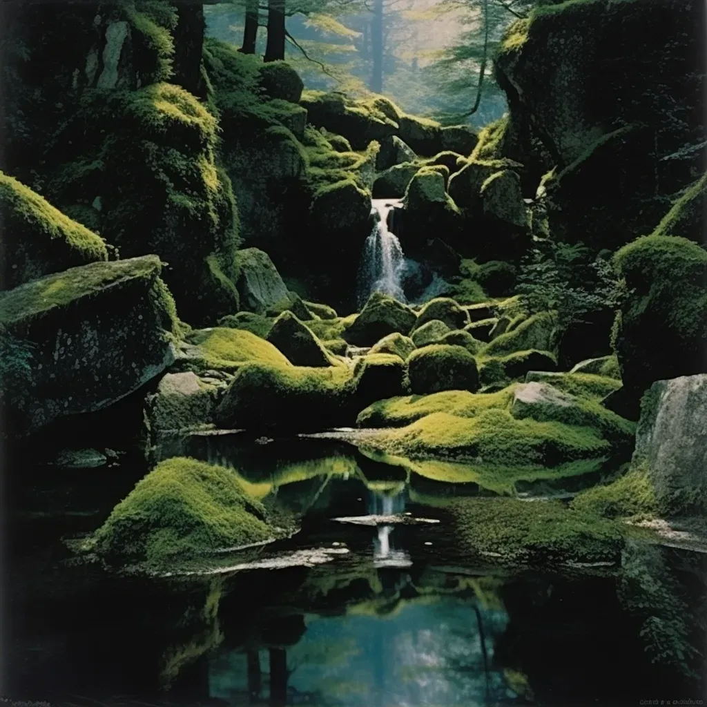 Tranquil image of a waterfall cascading into a clear pond with moss-covered rocks - Image 2