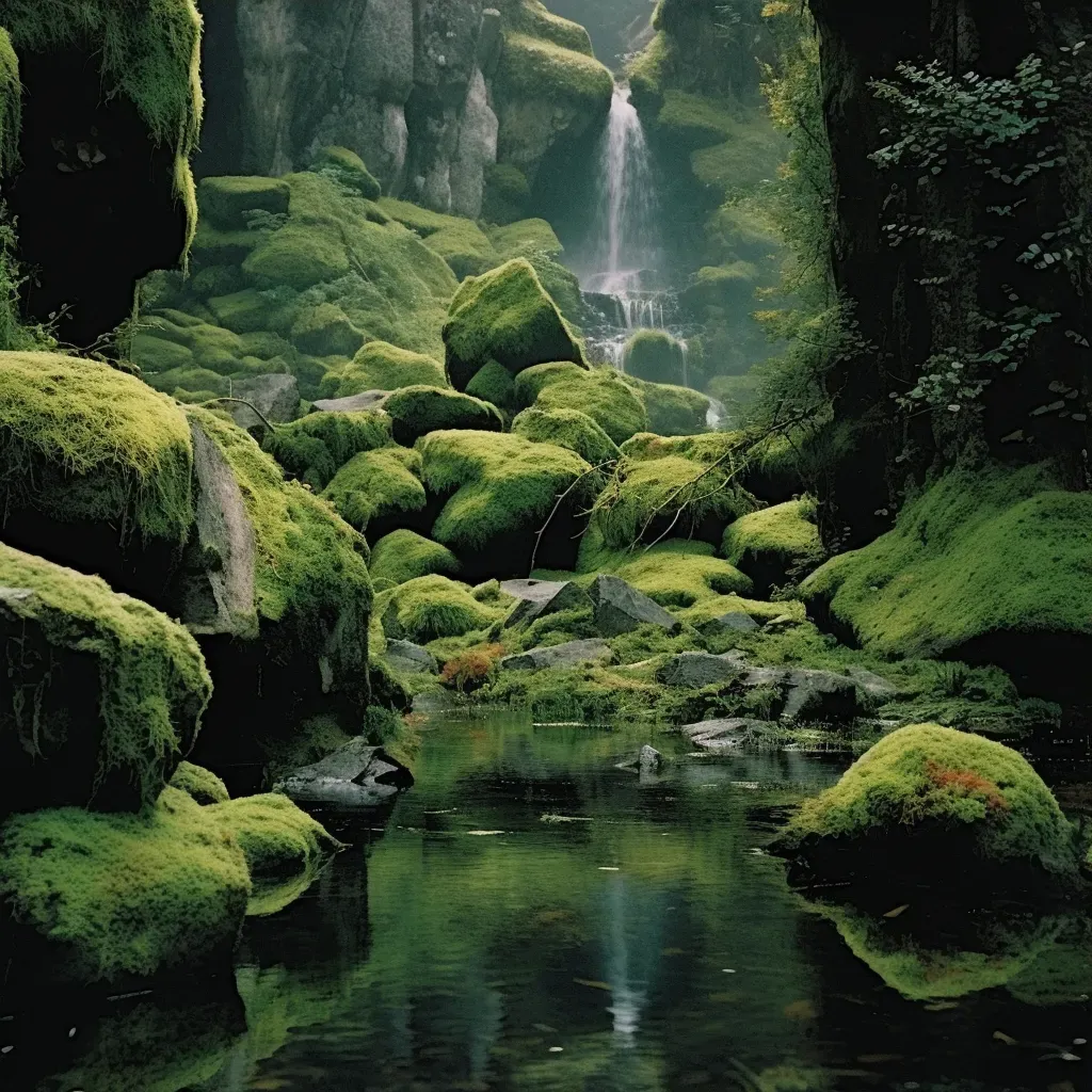 Tranquil image of a waterfall cascading into a clear pond with moss-covered rocks - Image 3