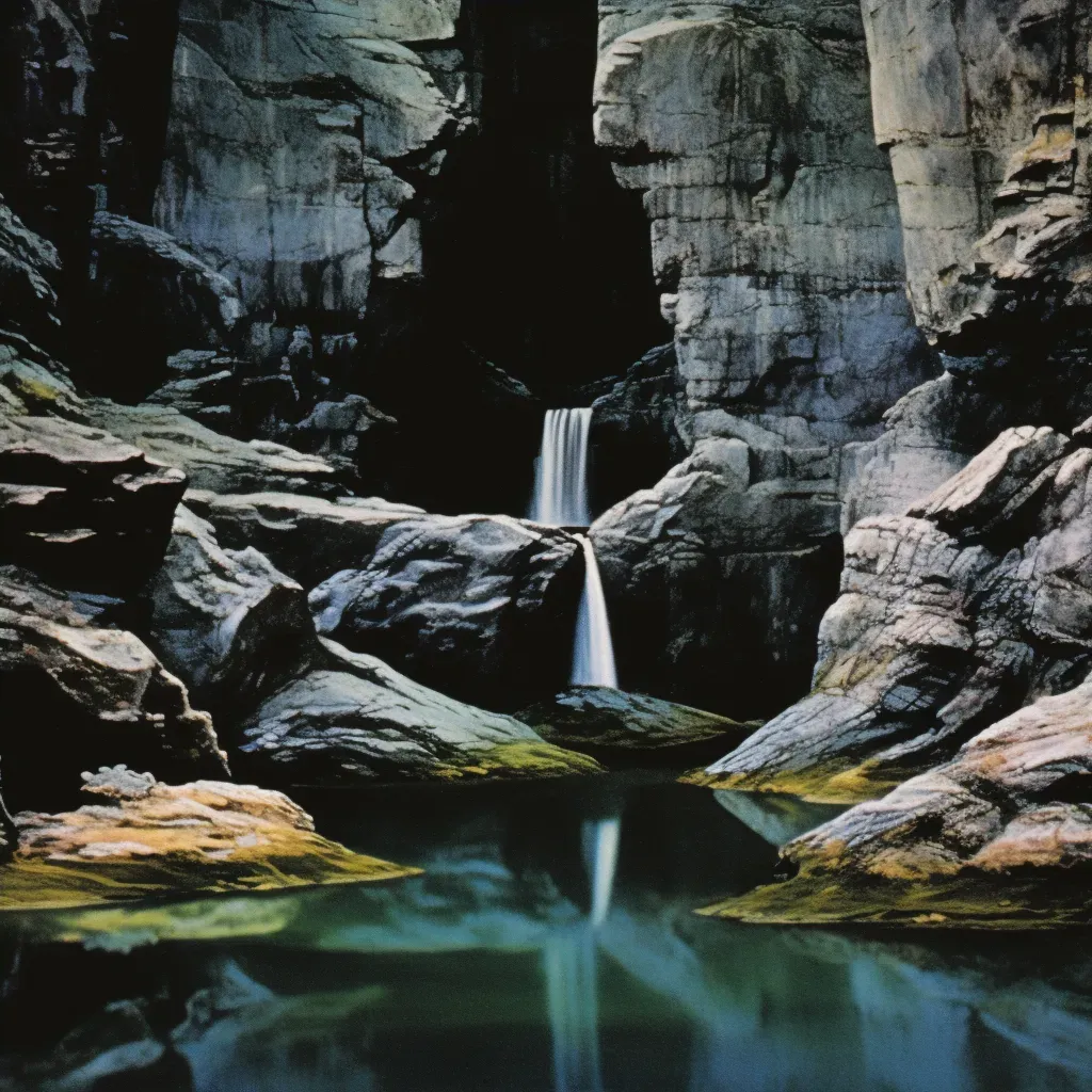 Tranquil image of a waterfall cascading into a clear pond with moss-covered rocks - Image 4