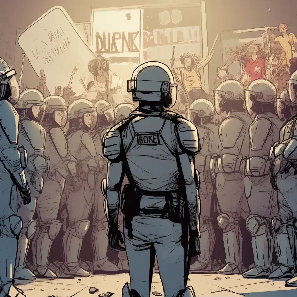 Image of a peaceful protest with the presence of law enforcement in riot gear, showcasing the tension between activism and authority - Image 1