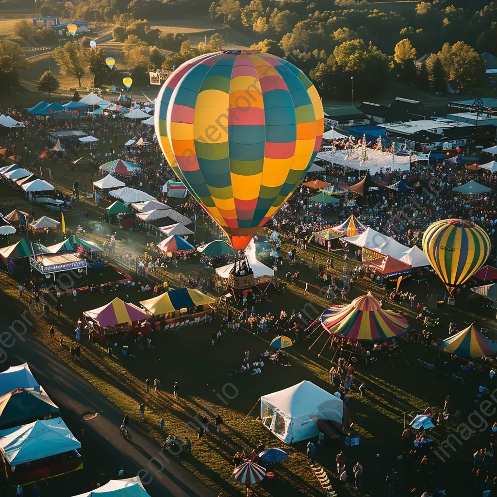 Hot air balloons flying over a colorful carnival with crowds - Image 1