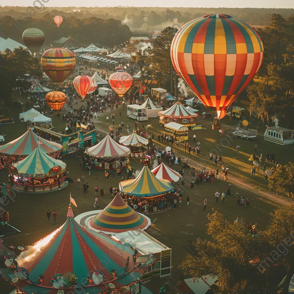 Hot air balloons flying over a colorful carnival with crowds - Image 2