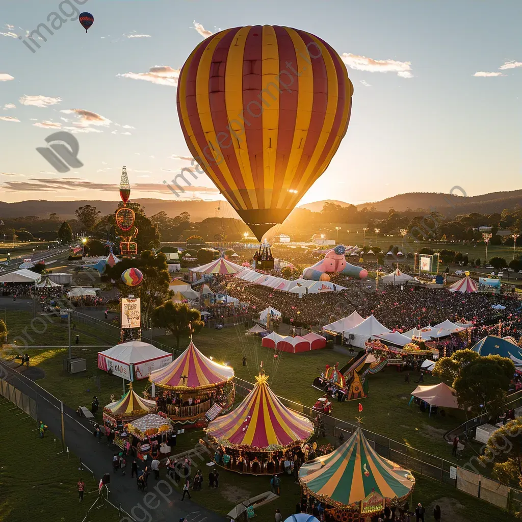 Hot air balloons flying over a colorful carnival with crowds - Image 3