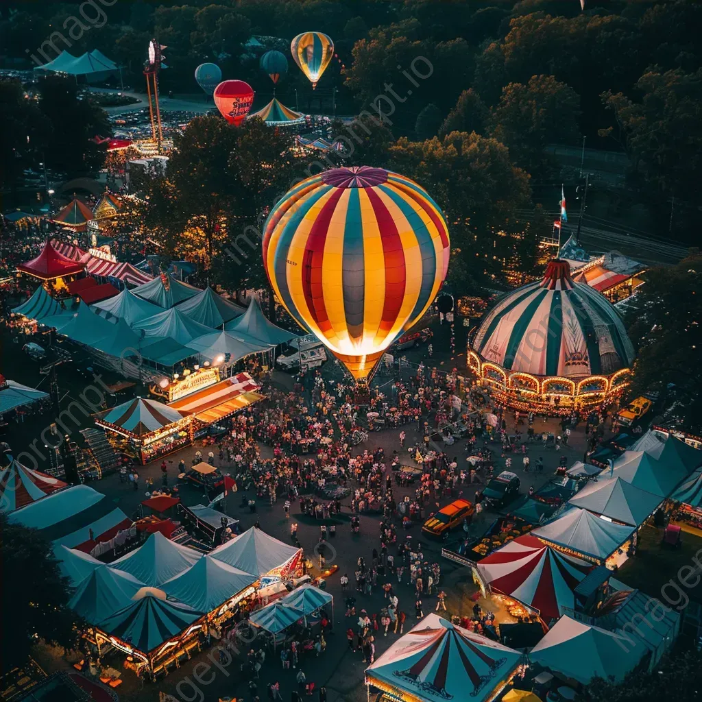 Hot air balloons flying over a colorful carnival with crowds - Image 4