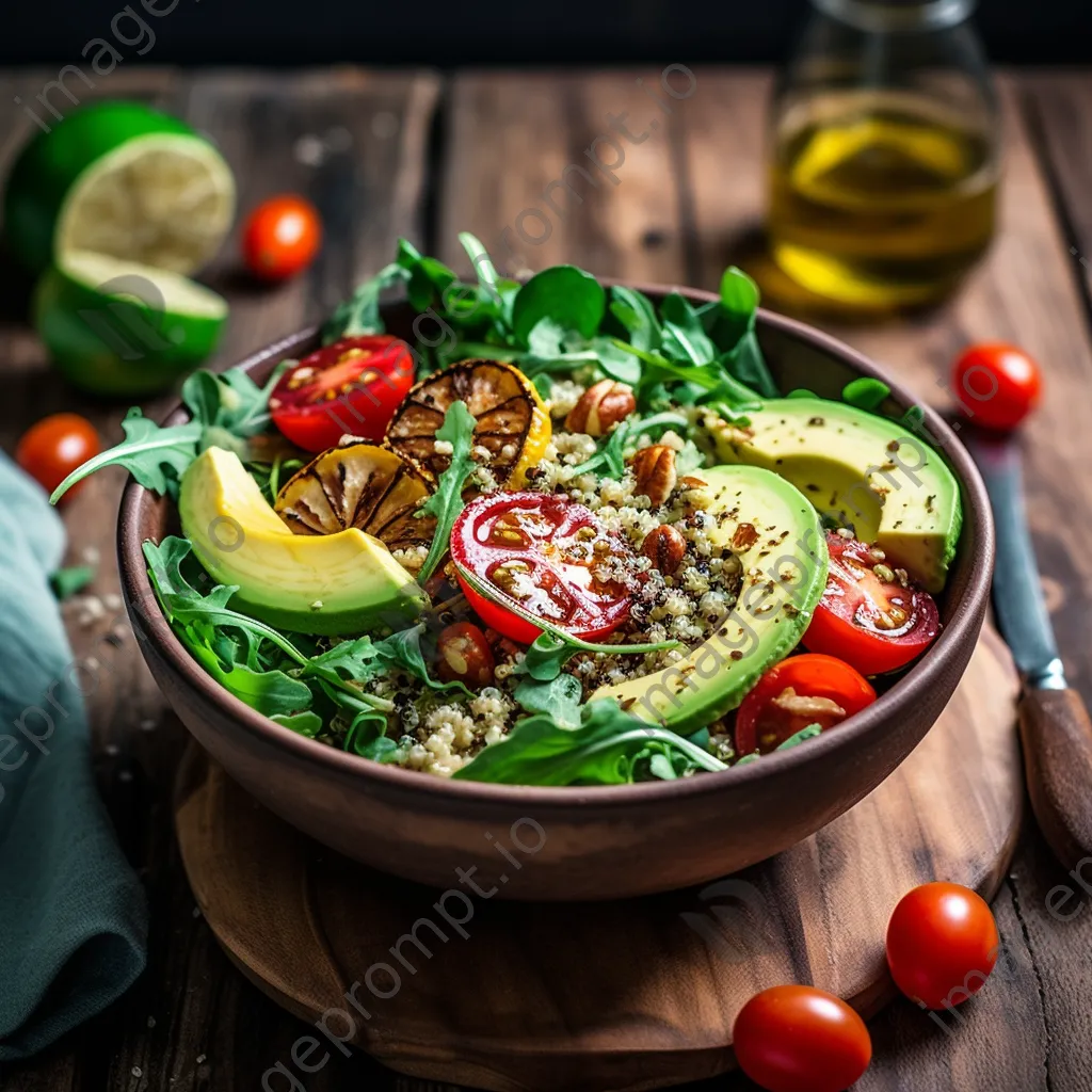 A colorful bowl of quinoa salad with avocado, tomatoes, and arugula on a rustic table. - Image 2