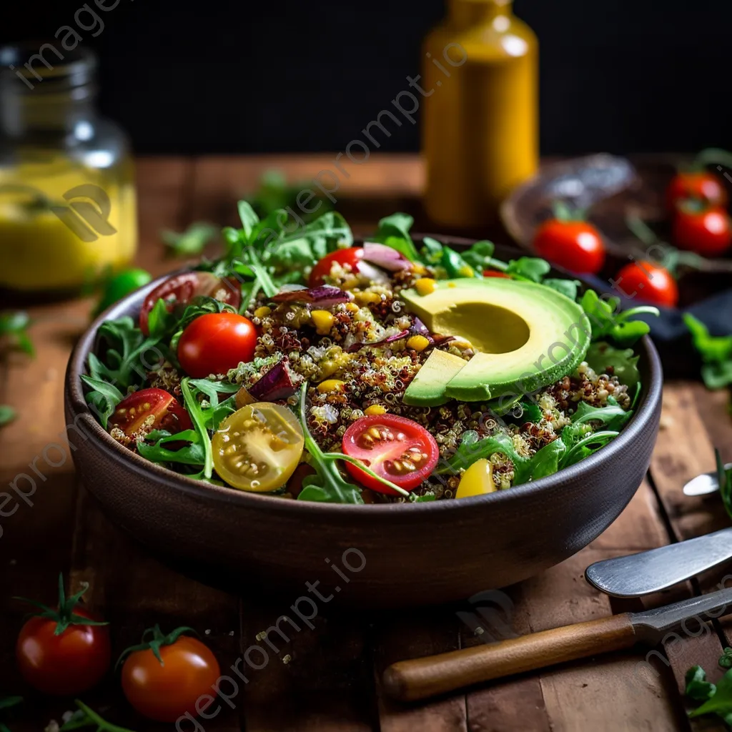 A colorful bowl of quinoa salad with avocado, tomatoes, and arugula on a rustic table. - Image 3