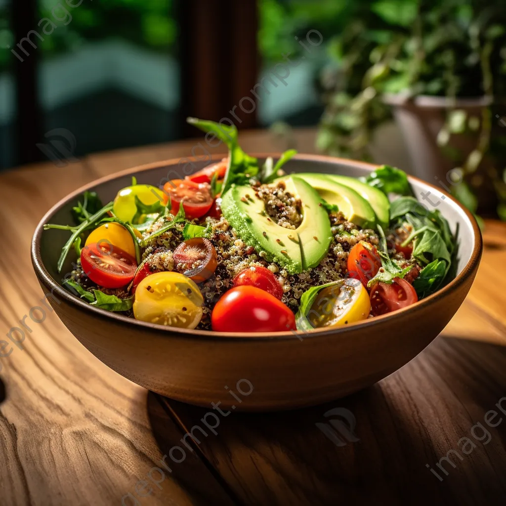 A colorful bowl of quinoa salad with avocado, tomatoes, and arugula on a rustic table. - Image 4